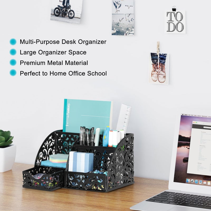 EasyPAG Pen Holder Desk Organizer with Drawer Pencil Cup for Desk 6 Compartments Metal Office Caddy Storage with Sticky Notes Holder for School Home Office, Black - Image 3